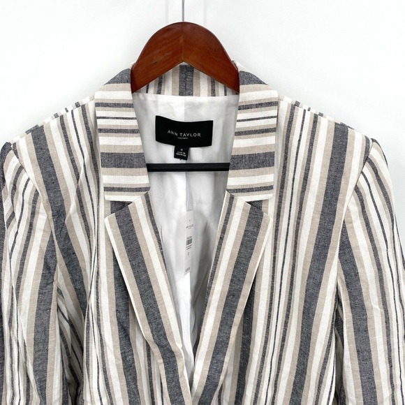 Ann Taylor Striped Linen Long Blazer Jacket 12 - Picture 2 of 7